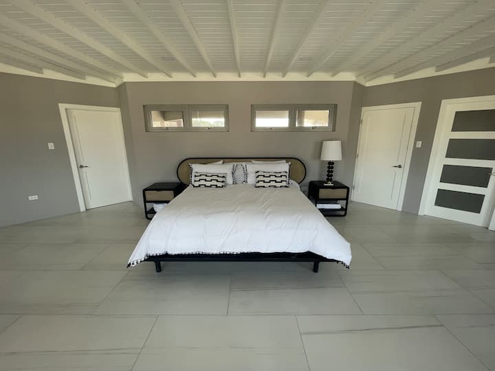 Master Bedroom with Crate and Barrel king bed set, desk with computer, full walk in closet and bath with Japanese soaking tub.