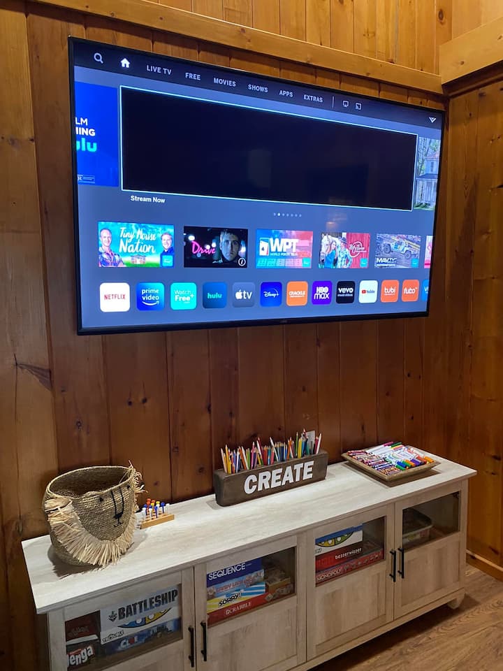 70" Vizio smart TV (no cable service or subscriptions provided); board games, coooring pages and puzzles are available.
