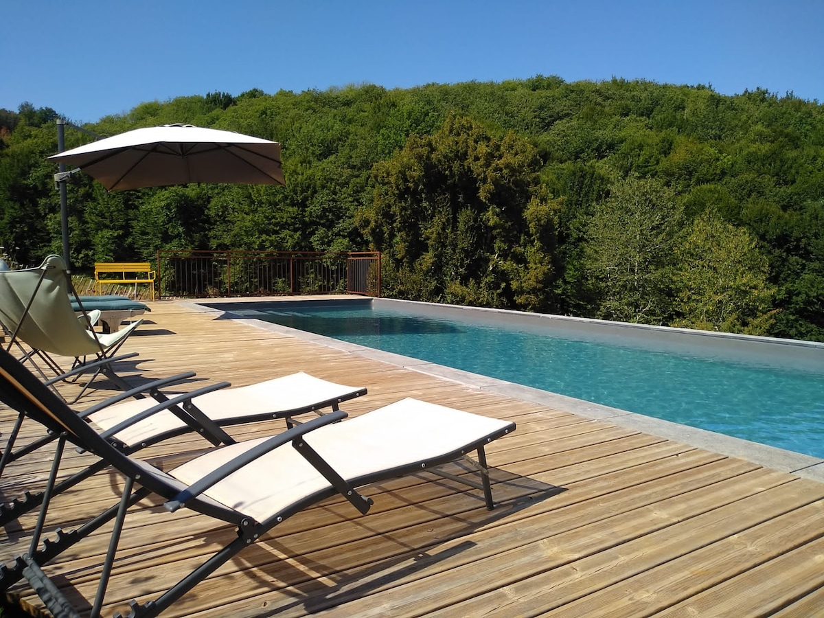 An elegant outdoor pool is surrounded by a wooden deck, furnished with lounge chairs and umbrellas for shade. Lush greenery forms a natural backdrop, providing a serene and private setting. The sparkling water reflects the clear blue sky, inviting relaxation and leisure.
