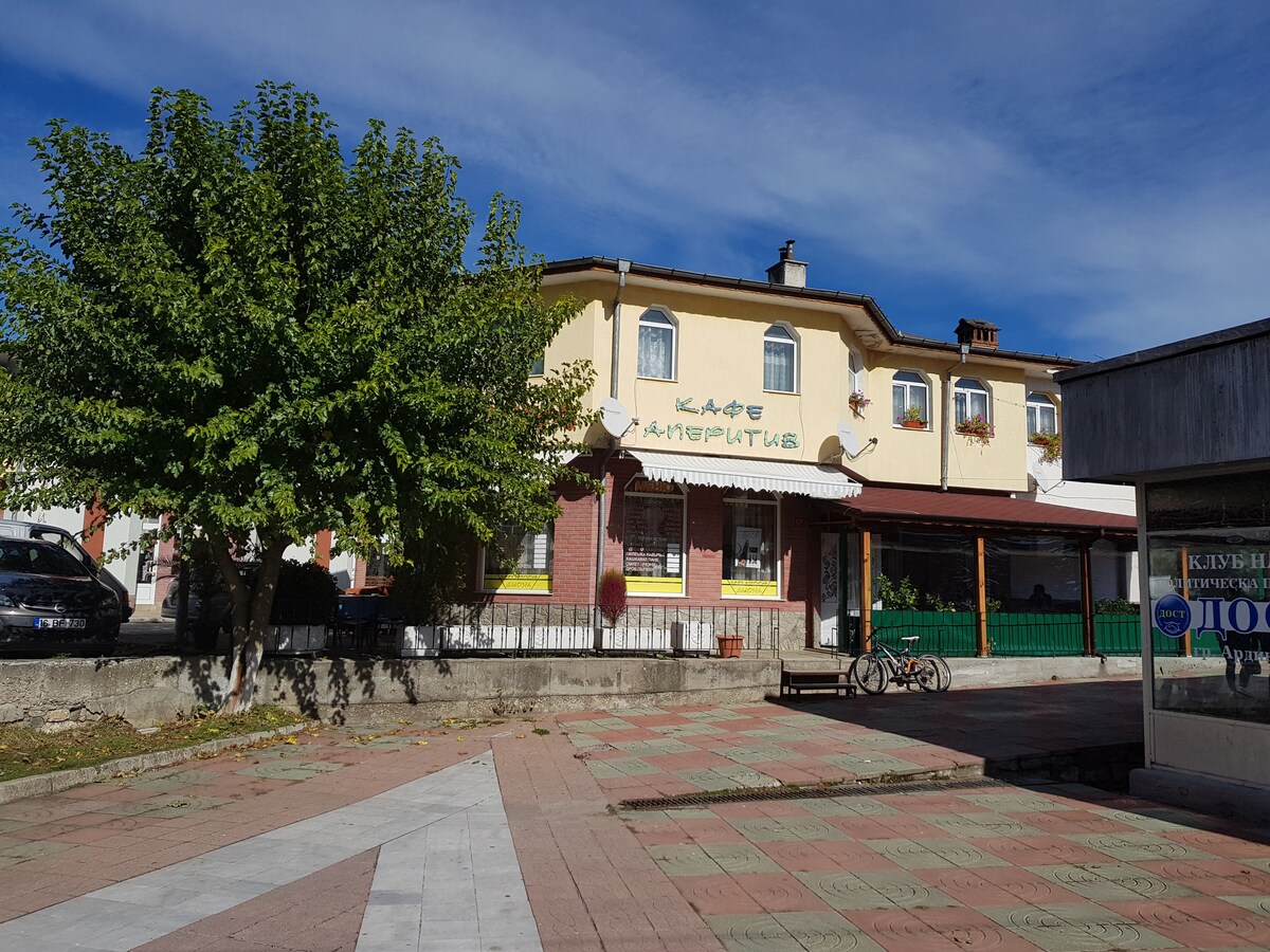 A small family hotel is depicted, featuring a two-story yellow exterior with large windows and a welcoming porch. A green tree provides shade in front, while paved stones lead to the hotel. Nearby, bicycles are parked, contributing to a relaxed atmosphere.