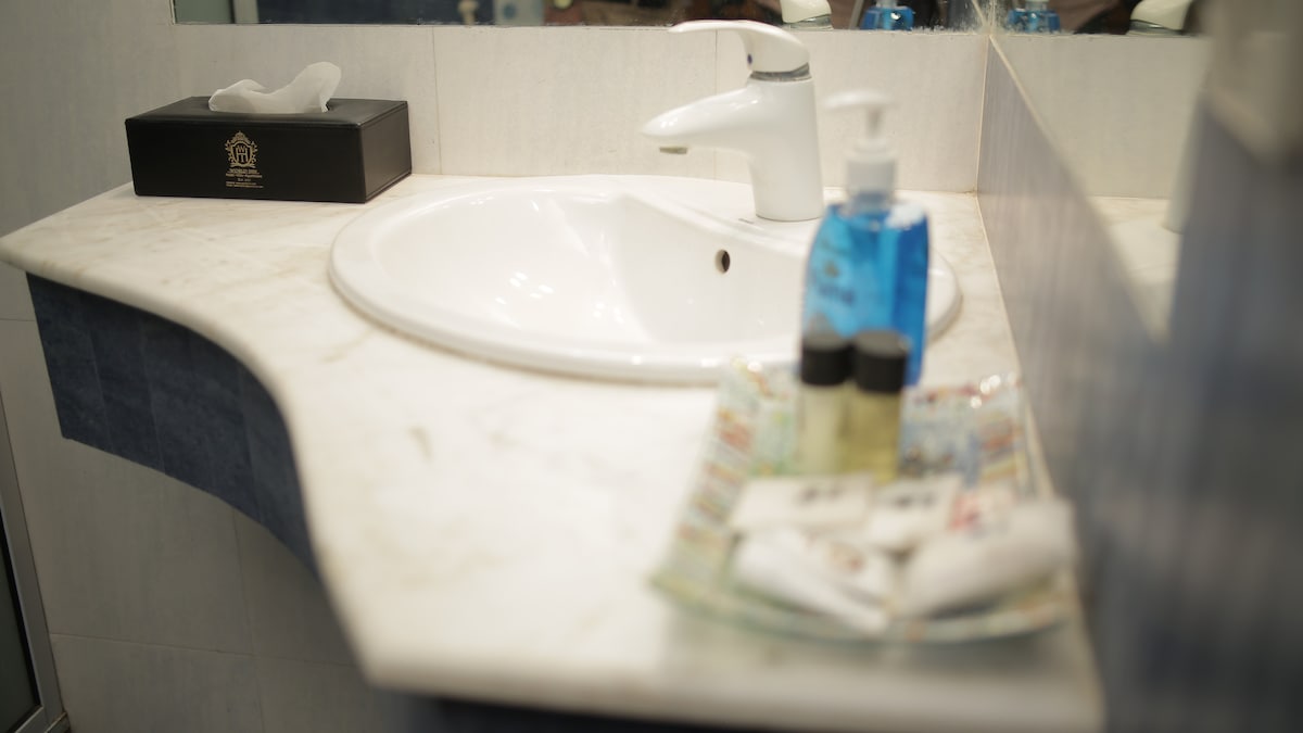 A well-appointed bathroom sink area is observed, featuring a sleek faucet and a marble countertop. A selection of toiletries, including shampoo, conditioner, and body wash, is neatly arranged on a decorative tray beside a soap dispenser. A tissue box sits prominently on the counter.