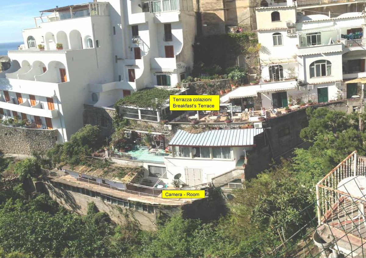A view of the building structure and terraced areas reveals multiple levels with greenery. The lower terrace features outdoor seating and a swimming pool, while another section is identified as a breakfast terrace. Various windows can be observed on the building's façade.