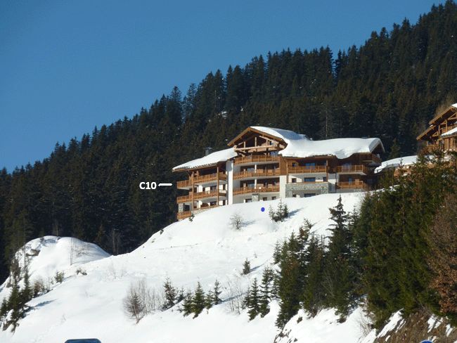 The image captures a chalet-style building with multiple balconies, set against a backdrop of snow-covered slopes and evergreen trees. The residence is positioned on a hillside, with clear blue skies overhead, emphasizing its alpine setting.