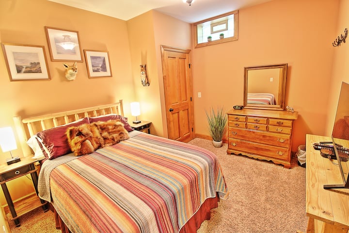 "The Fox Room" located on the lower level includes a full size bed, closet and dresser for storage, both nightstands with USB charging access, and a 32" HD TV with Roku and Hard Drive access with over 300+ movies.