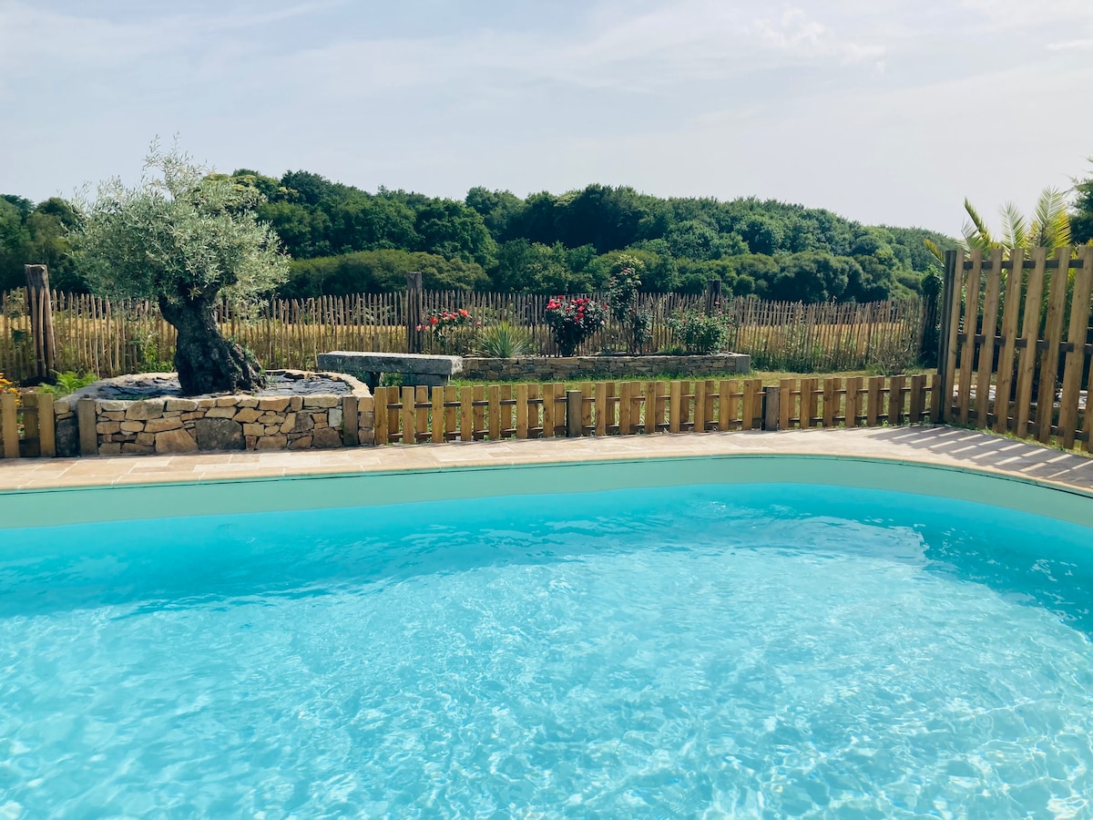 A clear, inviting swimming pool is framed by a stone patio and wooden fencing. Lush greenery and colorful flowers are visible in the background, creating a serene outdoor setting. A mature olive tree adds natural charm to the surrounding landscape.