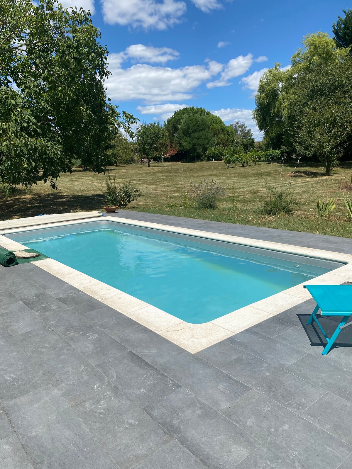 A refreshing swimming pool is nestled within a well-kept outdoor area, surrounded by lush greenery and open fields. The pool is framed by a light-colored stone border, with clear blue water reflecting the sky above, enhancing the serene atmosphere.