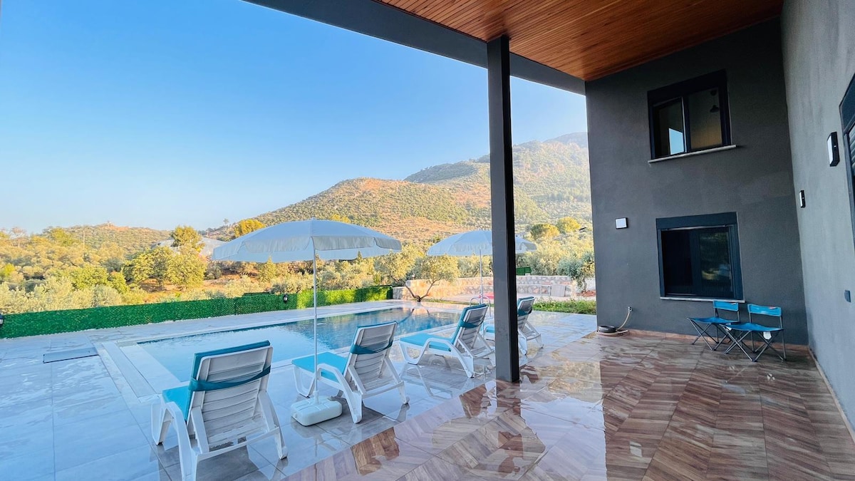 A spacious outdoor area features a private pool surrounded by lounge chairs and umbrellas, offering ample relaxation space. The backdrop includes views of rolling hills and greenery, with smooth flooring leading to the modern building that contrasts with the natural landscape.