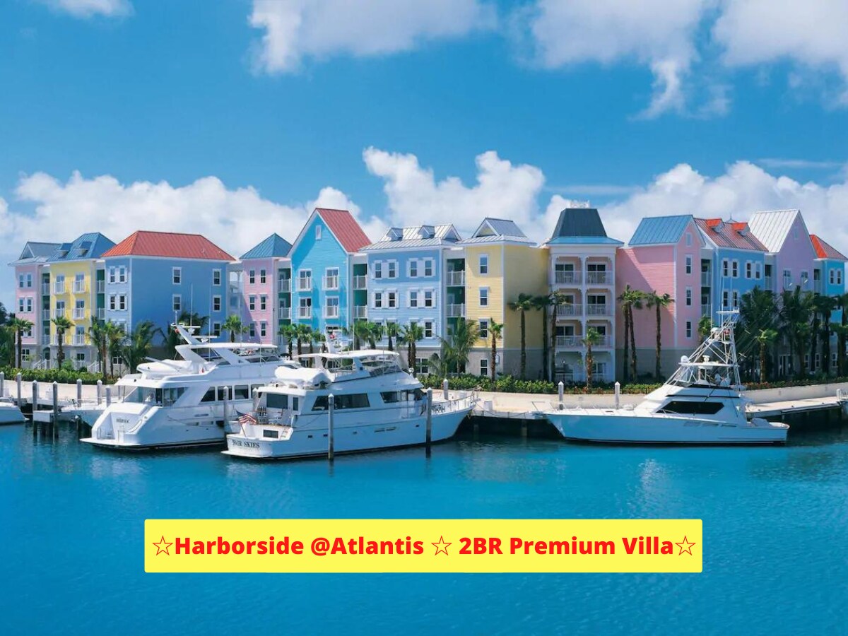 The image captures a vibrant waterfront scene featuring colorful buildings in shades of pink and blue. Moored yachts are visible in the harbor, with palm trees lining the shore under a clear blue sky. The lively ambiance reflects the resort's inviting atmosphere.