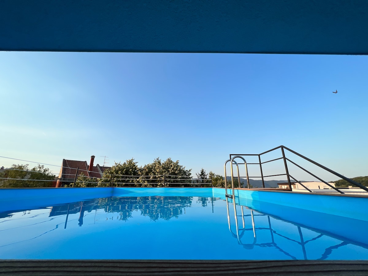 A swimming pool is depicted, featuring calm blue water under a clear sky. The pool's edges are framed by a minimal railing, and greenery from nearby trees can be seen in the background, contributing to a serene outdoor environment.