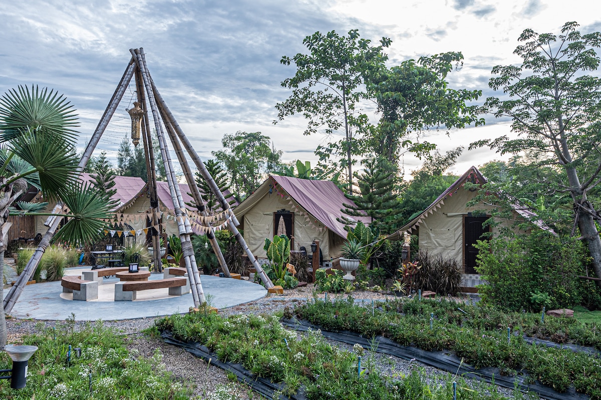 A serene glamping site is set amidst lush greenery, featuring several canvas tents. A wooden structure with a fire pit and seating area is central, surrounded by tasteful landscaping with various plants and trees. Soft overhead lighting enhances the inviting atmosphere.