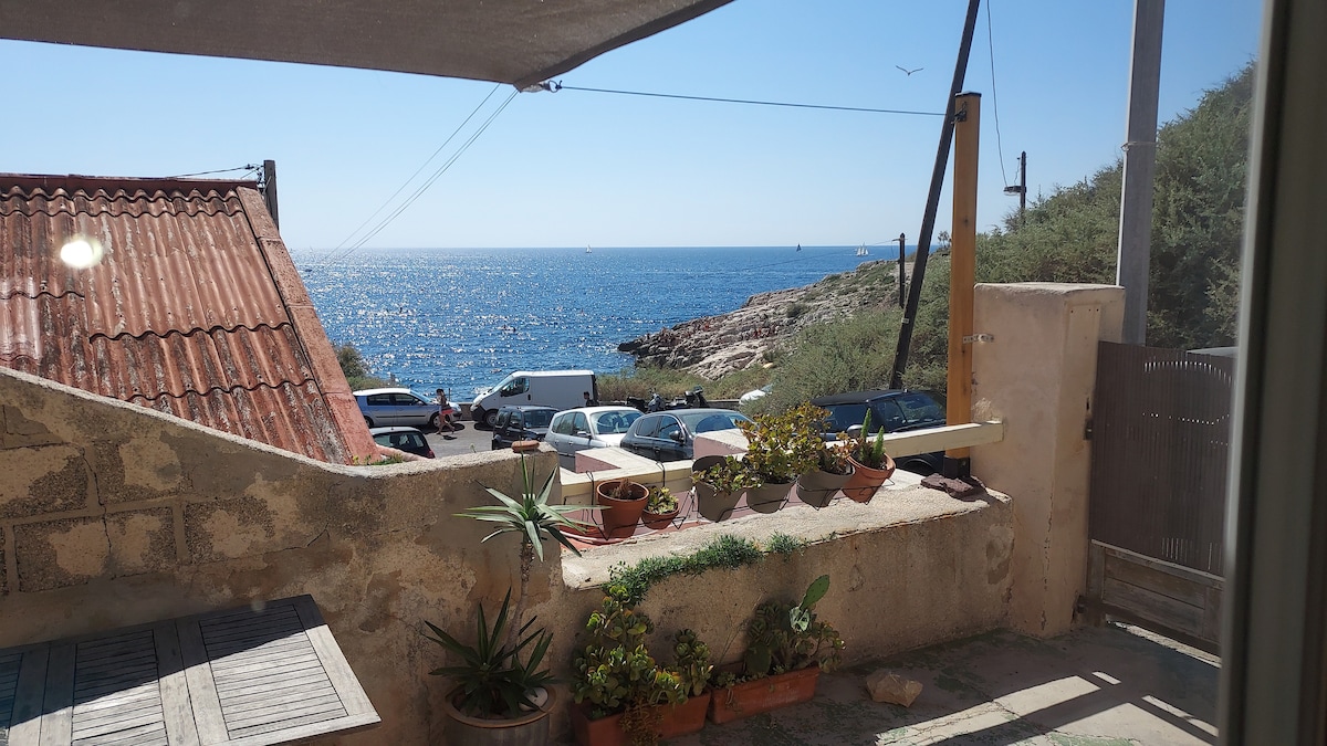 A terrace overlooks the sea, with lush potted plants adorning the ledge. The clear blue waters are visible in the background, contrasting with the rustic stone wall. A glimpse of parked vehicles can be seen along the coastline, under a bright sky.