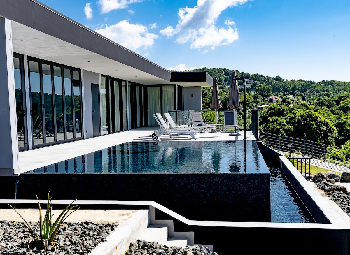 A modern villa showcases a salt-water pool with a mirror effect, surrounded by a spacious terrace. Sun loungers are situated by the pool, offering a relaxing space. Large glass doors provide unobstructed views of the lush greenery and serene landscape beyond.