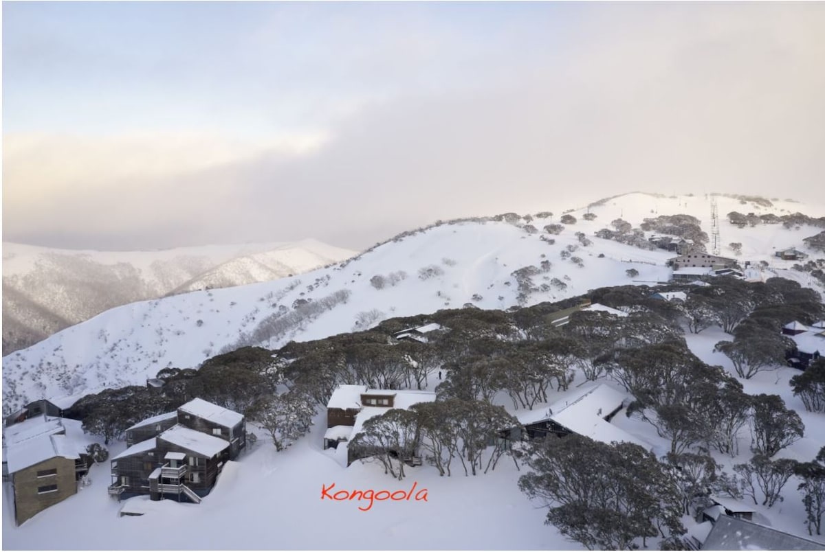 A panoramic view captures Kongoola surrounded by snow-covered landscapes and rolling hills. The lodge and its neighboring buildings are nestled among snow-dusted trees, blending seamlessly into the winter scenery under a soft, cloudy sky.