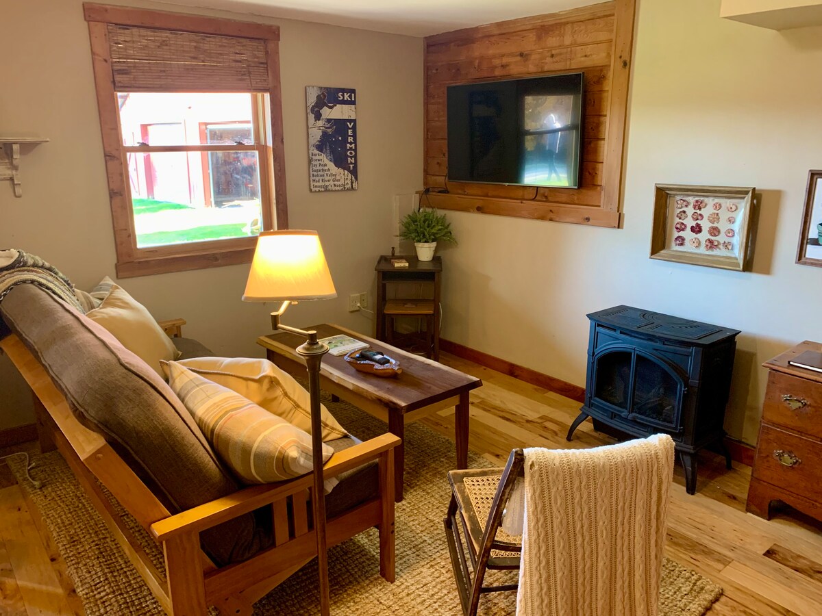 A cozy living area features a wooden futon and a coffee table. A flat-screen television is mounted on the wooden wall, and a small decorative plant sits nearby. Natural light enters through the window, illuminating the space with warm tones. A rustic stove adds to the ambiance.