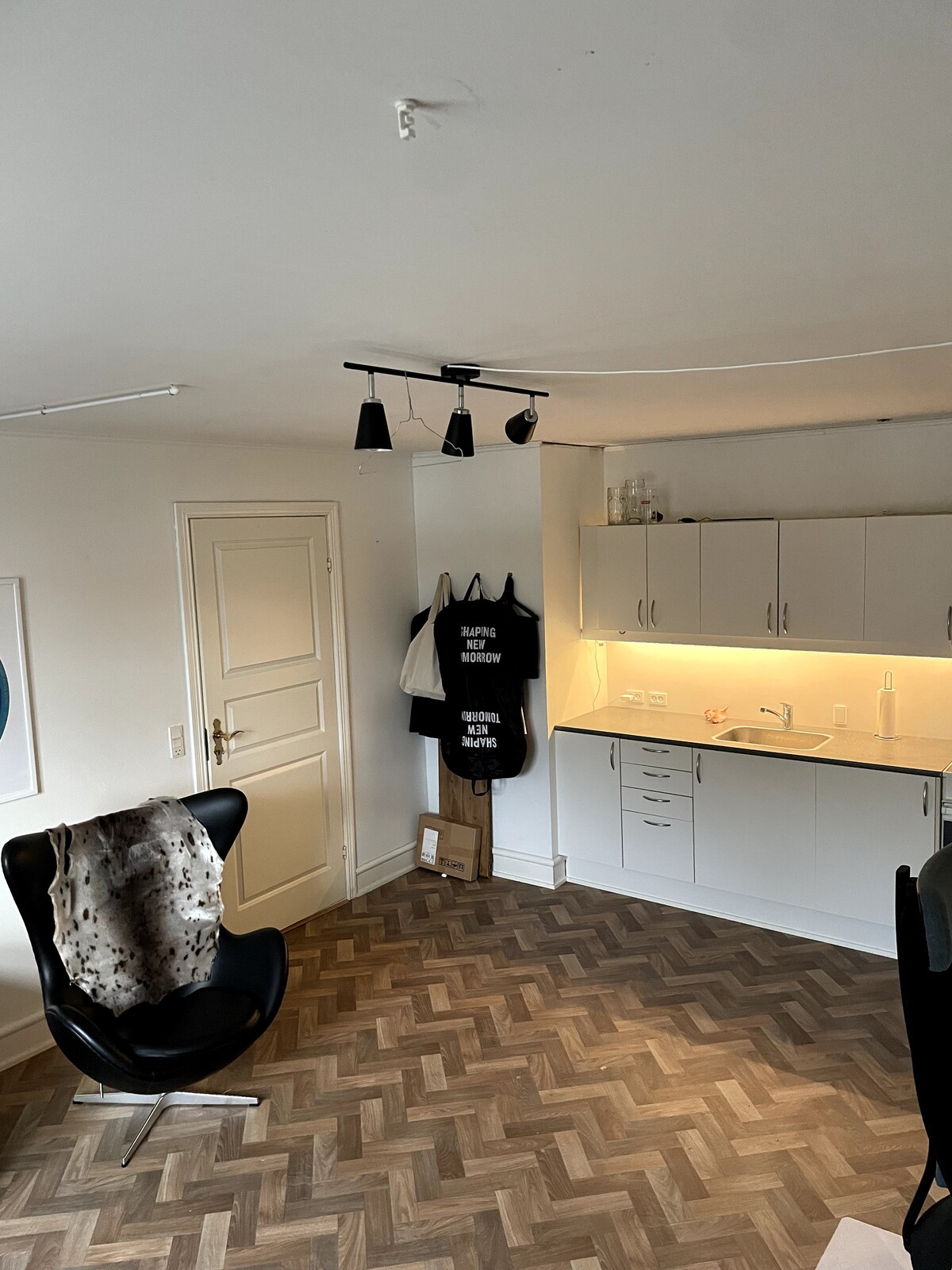 A functional kitchen area features modern cabinets and well-lit countertops. A stylish black chair is positioned nearby, while clothing is casually hung on hooks. The wooden floor adds a warm touch to the open space, showcasing simple yet contemporary design elements.
