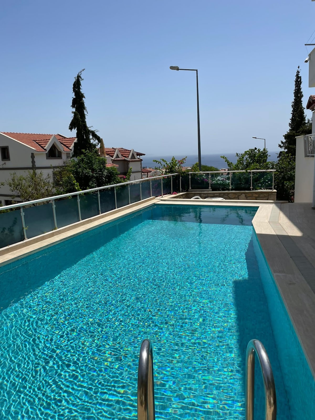 A clear blue swimming pool is framed by modern glass fencing, inviting relaxation. Lush greenery surrounds the area, and rooftops of nearby buildings are visible in the background, complemented by a distant ocean view under a bright blue sky.