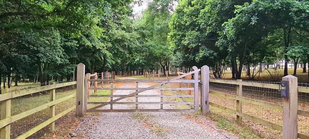 A wooden gated entrance is set within a natural landscape, flanked by a gravel path and surrounded by lush greenery. Tall trees form a serene canopy overhead, while a wooden fence borders both sides of the driveway, creating a sense of privacy and seclusion.