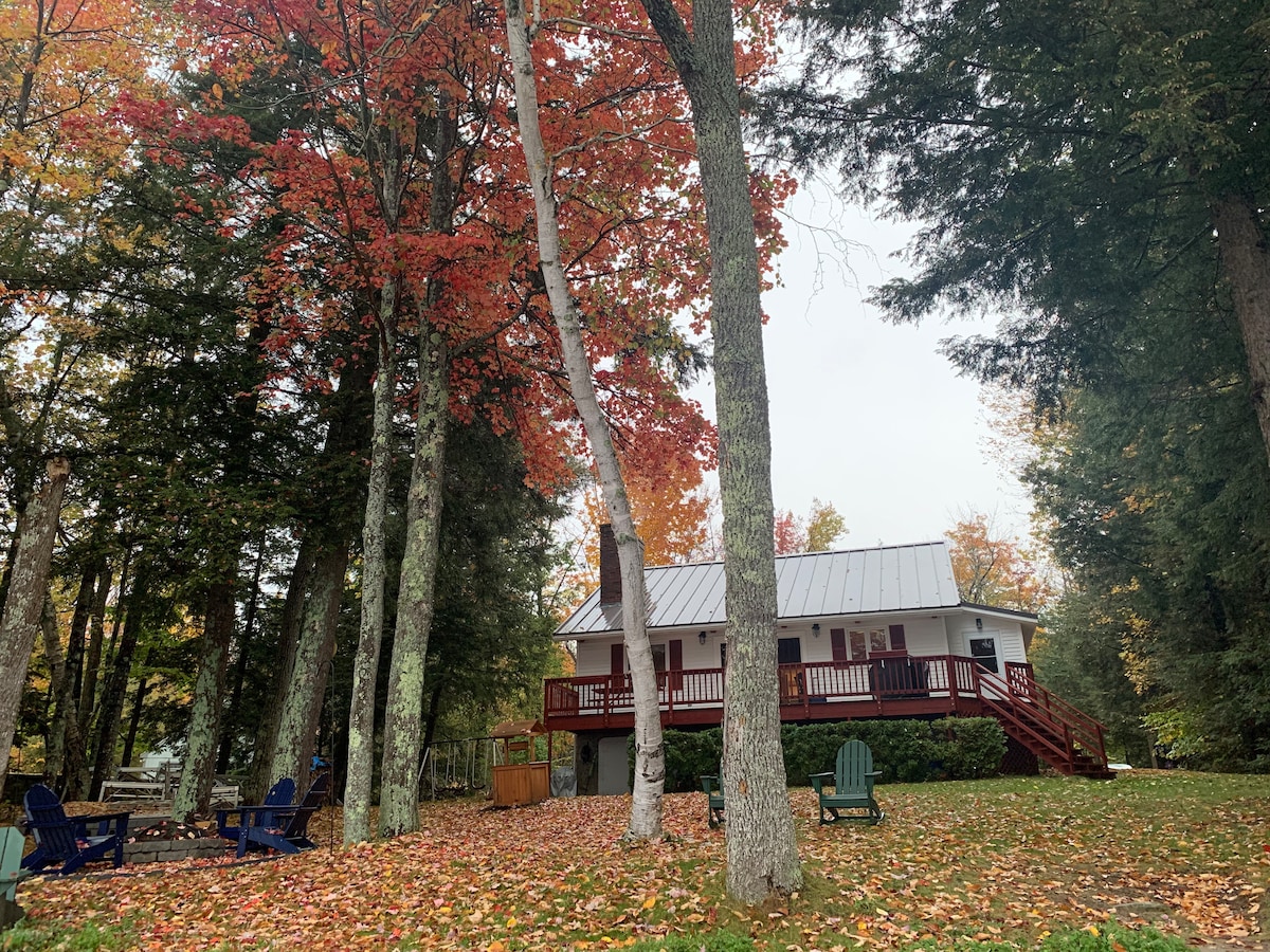 A serene exterior view of a two-story house surrounded by tall trees displaying vibrant autumn foliage. The porch is visible, accompanied by wooden adirondack chairs arranged around a fire pit on the ground, creating a relaxing outdoor space.