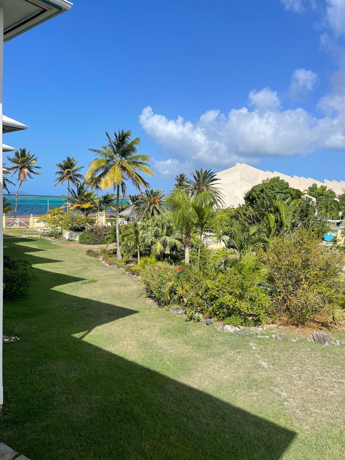 A scenic view from the condo featuring well-kept gardens filled with tropical plants and palm trees. In the background, the vibrant blue Caribbean Sea and a clear sky can be seen, enhancing the serene outdoor atmosphere.