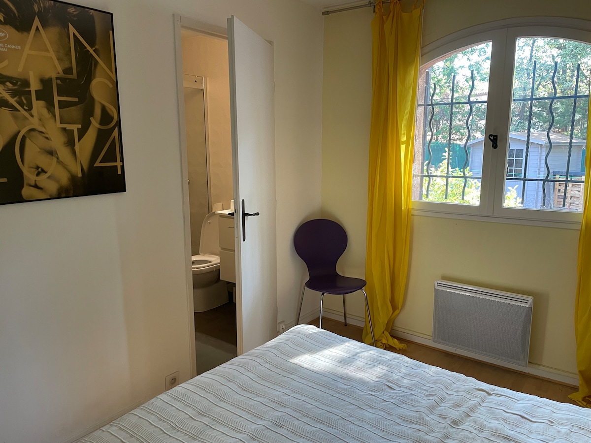 Floor, yellow bedroom and full shower room