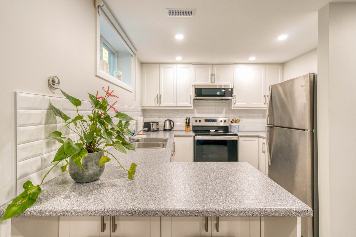 The kitchen features modern appliances, including a stainless steel refrigerator and oven. A large countertop with a plant adds a touch of greenery, while ample cabinetry provides storage. Bright lights illuminate the space, enhancing the clean and functional design.