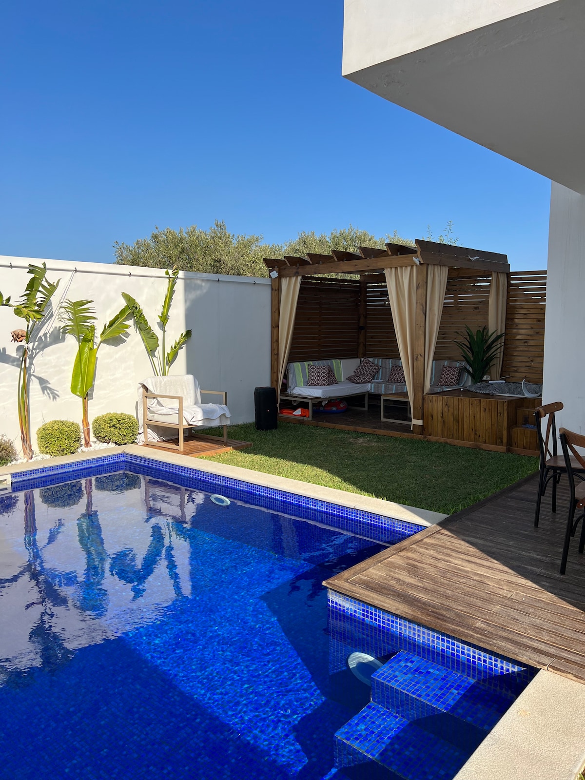 A serene outdoor space features a sparkling blue pool surrounded by neatly trimmed grass. A shaded lounge area with draped fabric offers comfortable seating, while tropical plants add a touch of greenery. Clear skies create a bright and inviting atmosphere.