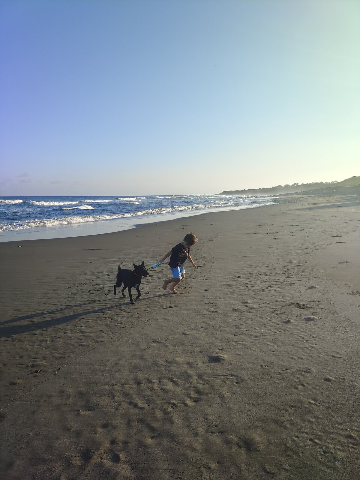 A sandy beach stretches along the coastline, with gentle waves lapping at the shore. A child can be seen walking playfully beside a black dog, both enjoying the open space. The sky is clear, and soft light bathes the area, creating a serene ambiance.
