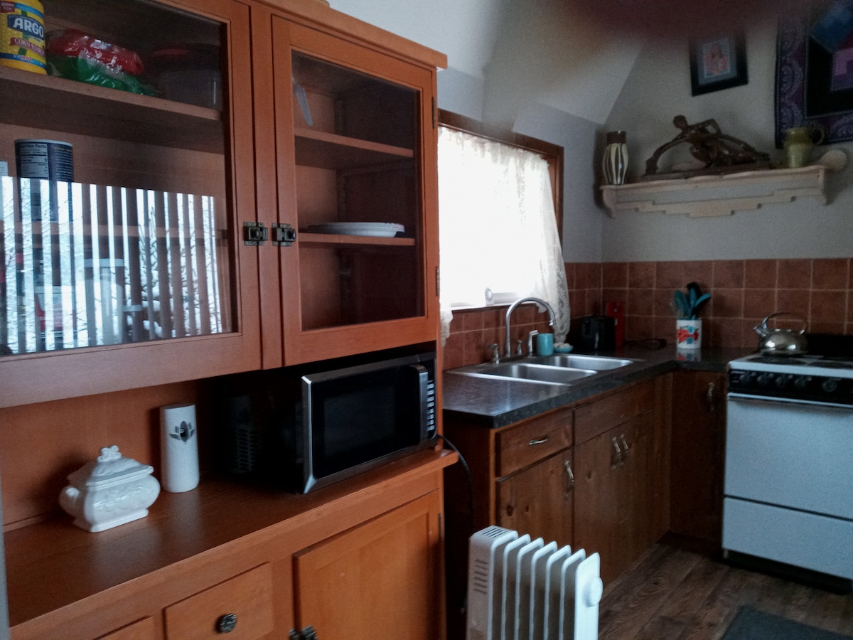 The kitchen area includes wooden cabinetry with a glass-front display, features a countertop with a microwave and sink, and is equipped with a stove. Natural light enters through a window adorned with light-colored curtains, illuminating the tiled backsplash.