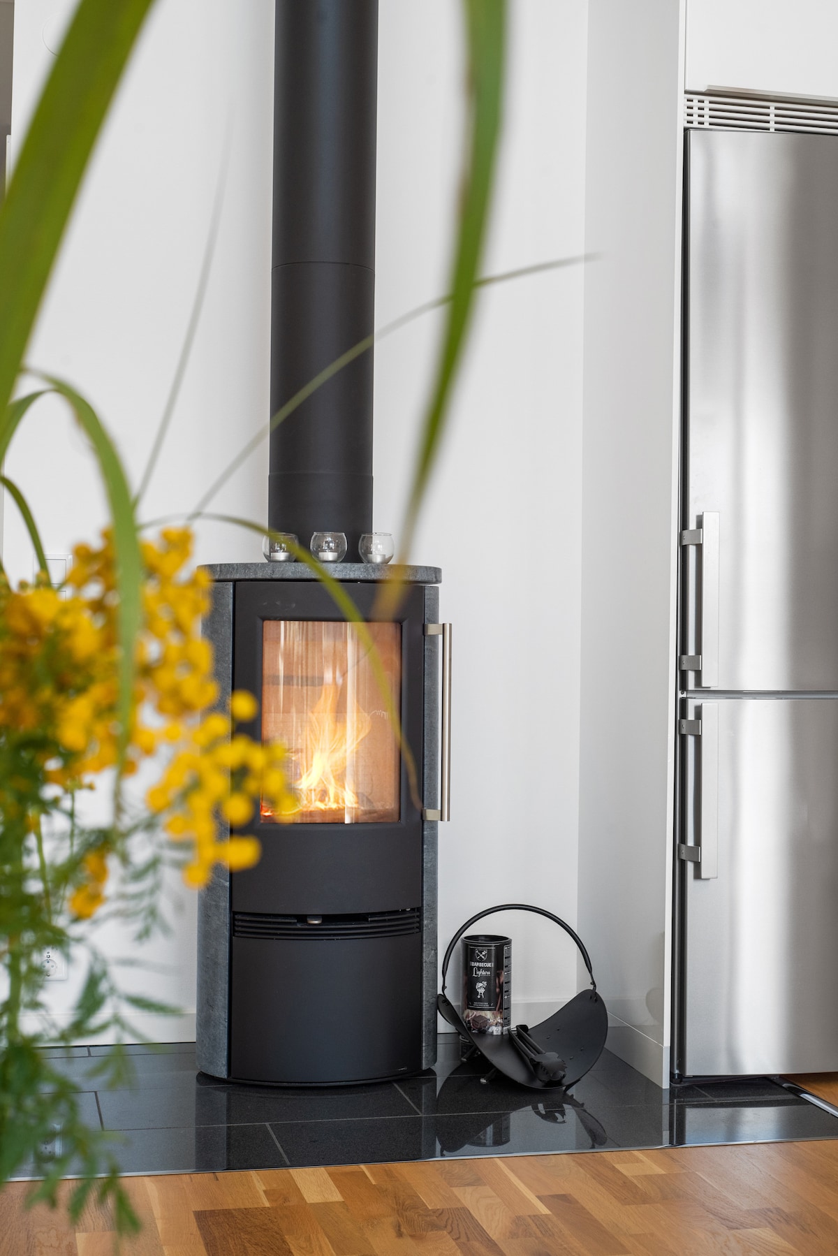 A modern wood-burning stove is positioned in a corner, featuring a glass front that displays a glowing fire. The stove is complemented by a sleek stainless steel refrigerator nearby. Bright yellow flowers add a touch of color from the foreground.