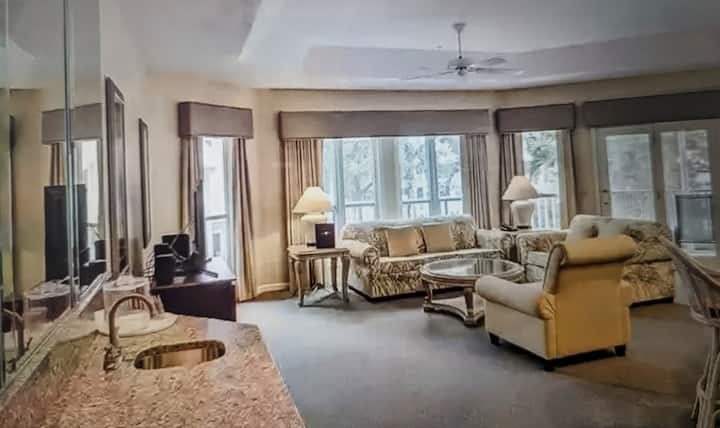 Vista de la sala de estar y el bar: el sofá es una cama extraíble.