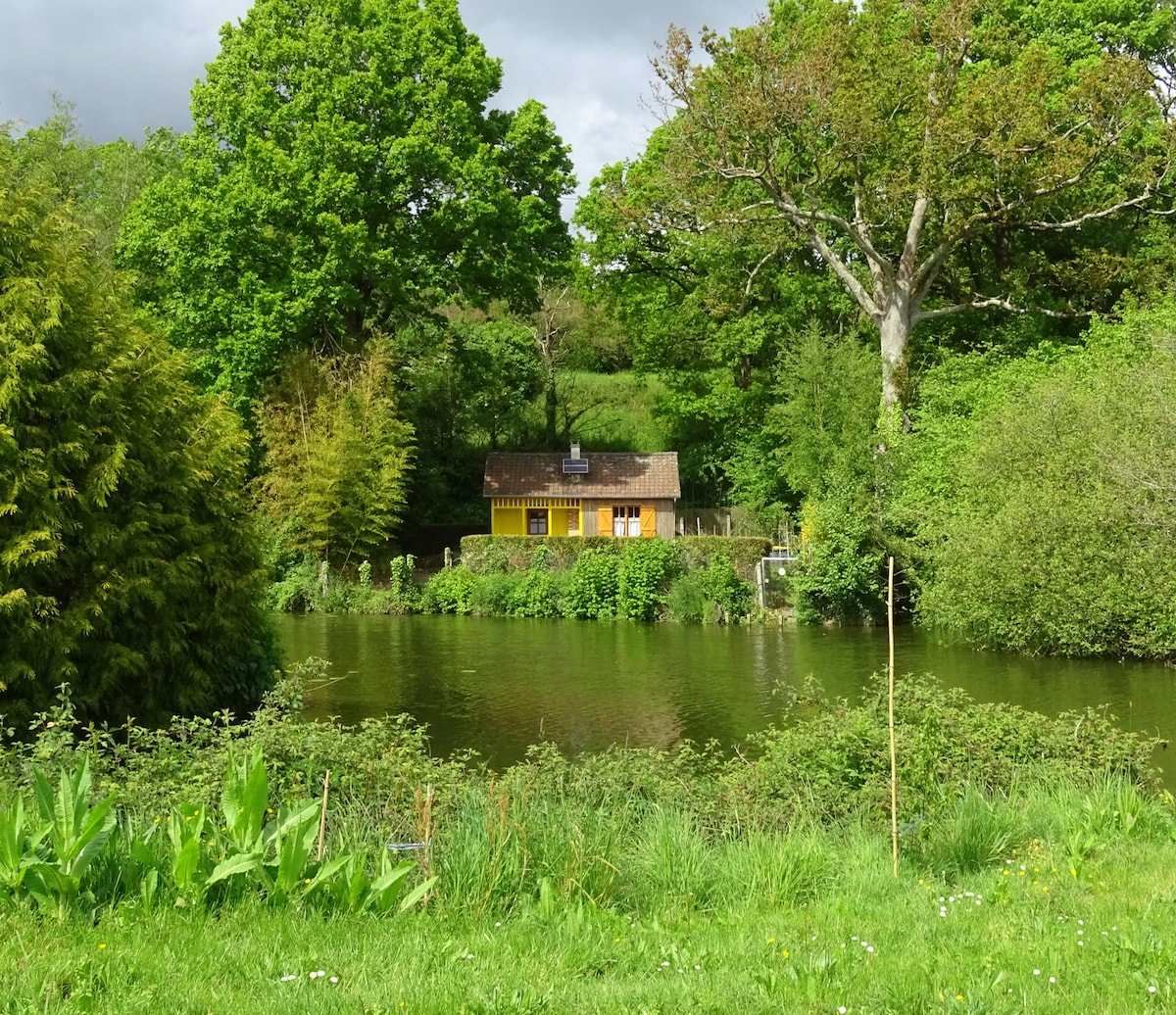 A small, charming chalet is situated by a peaceful river, surrounded by lush greenery. The structure features large windows and yellow accents, blending harmoniously with the natural landscape. A calm body of water reflects the surrounding trees and serene atmosphere.