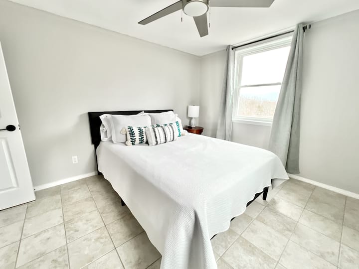 ห้องนอน #4 ยังอยู่ชั้นล่างและมีหน้าต่างมากมายและมีวิวทะเลสาบและทีวี 