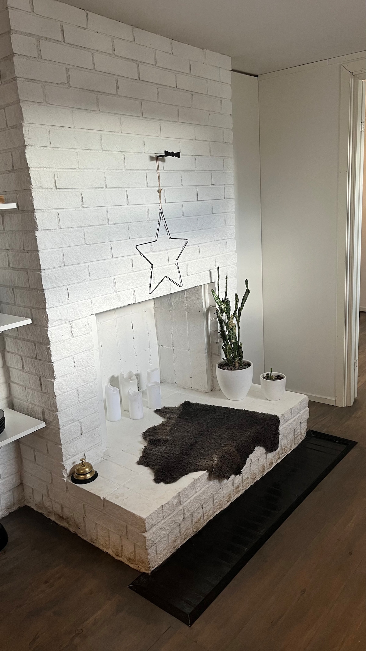 A bright white brick fireplace is showcased, featuring a star-shaped ornament hanging above. Small potted plants are arranged on the ledge, alongside decorative glass bottles. A textured dark rug is placed on the floor in front of the fireplace, contributing to the overall cozy ambiance.