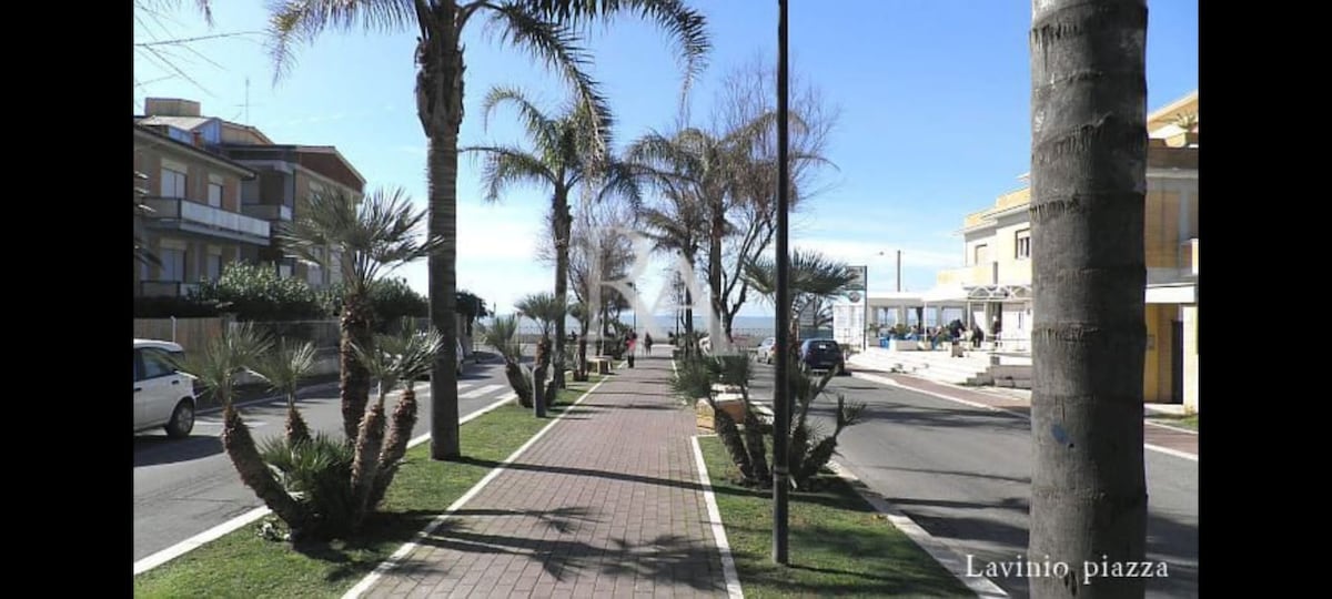 A tree-lined promenade is featured, with palm trees and well-maintained landscaping along both sides. The path leads towards the sea, which can be seen in the distance. Calm blue skies and a hint of sunlight contribute to a serene atmosphere.