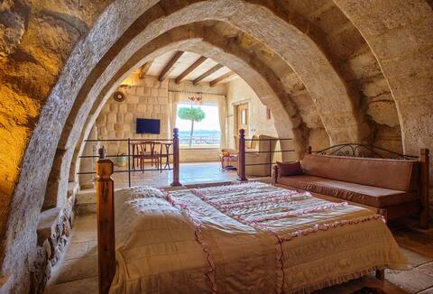 Large Stone House with Terrace Fireplace View
