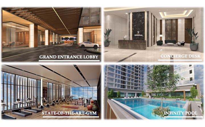 The image displays a modern grand entrance lobby featuring a sleek design with wooden accents, and a driveway for vehicles. Adjacent is an inviting concierge desk, surrounded by elegant decor. The state-of-the-art gym is shown with a variety of workout machines, while the infinity pool offers a serene water view, framed by contemporary architecture.