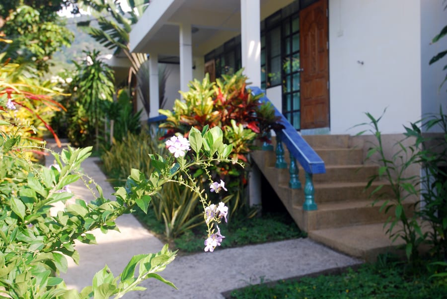 A vibrant garden path leads to the entrance of a bungalow, framed by lush tropical plants and flowering shrubs. The exterior features a set of steps leading up to a covered porch with wooden doors, enhancing the inviting ambiance.