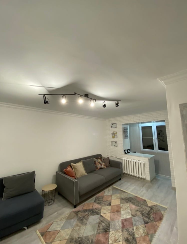 A well-lit living area features two sofas in neutral tones, with one accented by decorative pillows. A geometric area rug adds texture to the floor. A modern light fixture overhead enhances visibility, while a window offers natural light and views of the outside.