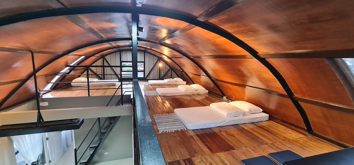 The spacious interior features a curved wooden ceiling, creating a unique architectural design. Several minimalist beds are positioned throughout the area, with light-colored bedding neatly arranged. Large windows allow ample natural light to fill the space, enhancing the open and airy feel.
