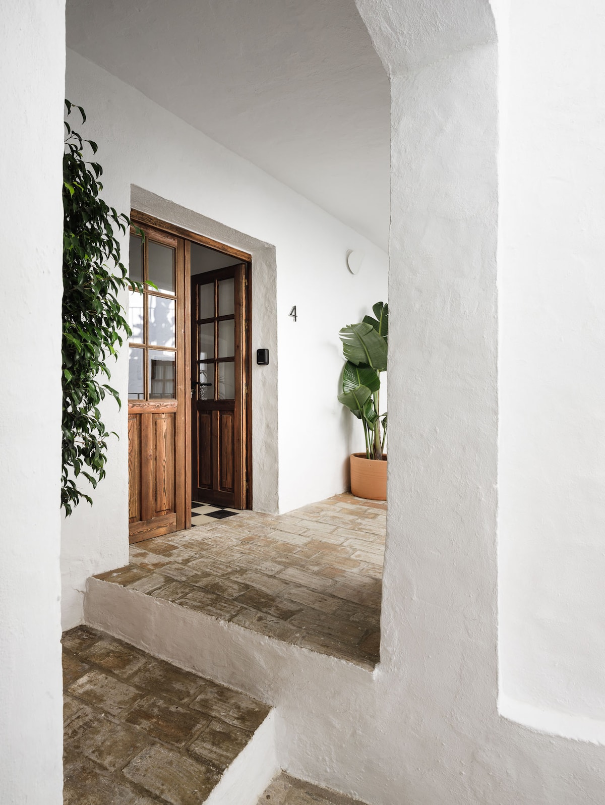 The entrance to the apartment is framed by smooth white walls and a lush green plant in a terracotta pot. A classic wooden door with glass panels stands partially open, inviting light into the space. The floor features rustic, textured tiles.