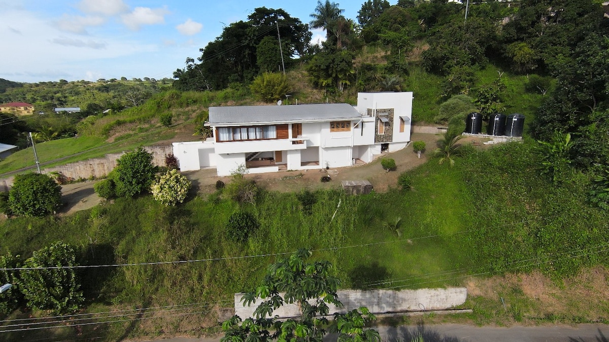 A hillside home is set against a lush, green landscape, featuring a modern architectural design. The structure showcases large windows and an open layout, with a driveway leading up to the entrance. Additional details include water tanks situated alongside the home.