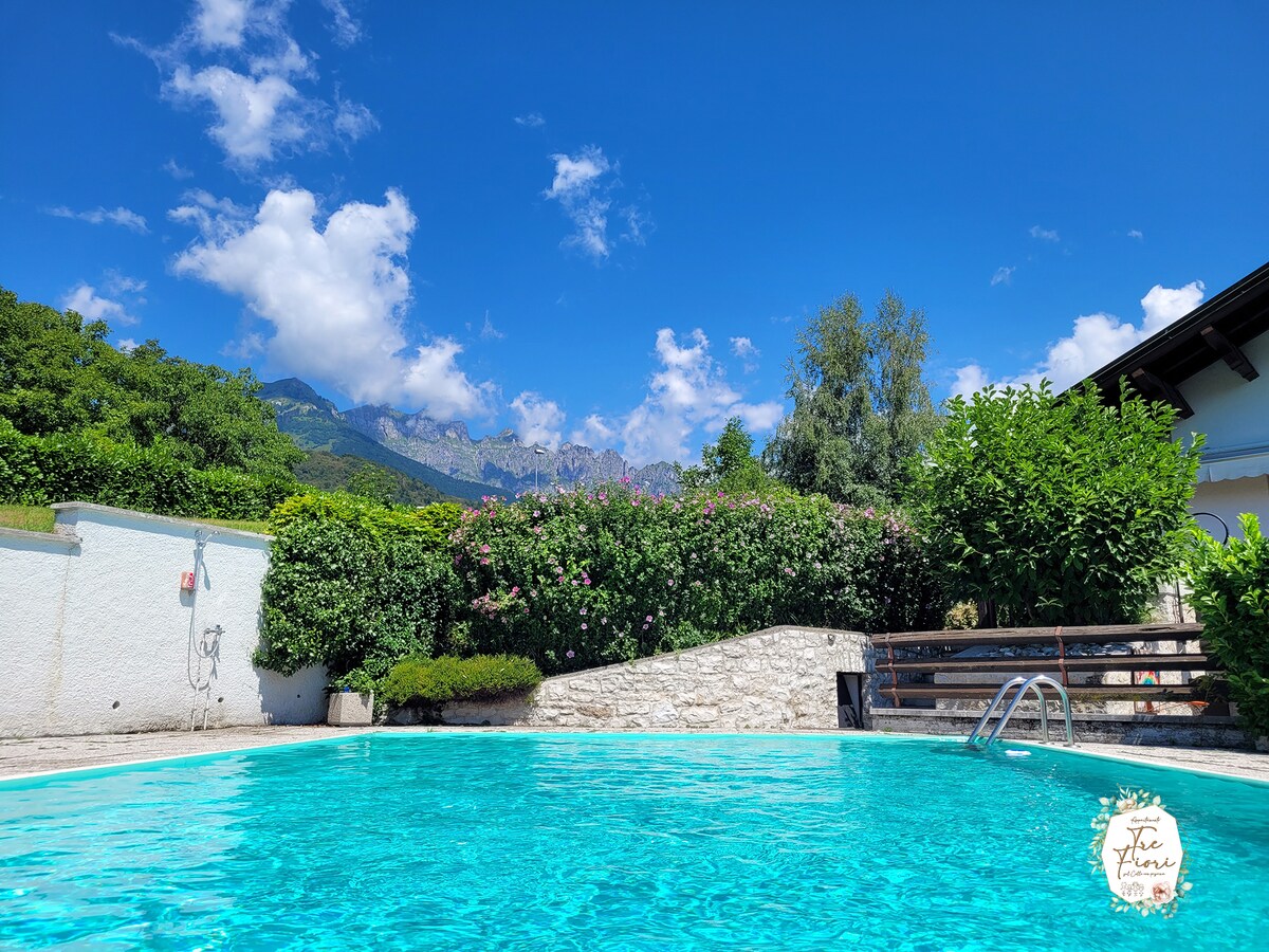 A heated swimming pool with clear turquoise water is framed by lush greenery and colorful blooms. The backdrop features a scenic view of mountains under a bright blue sky, creating a peaceful outdoor atmosphere.