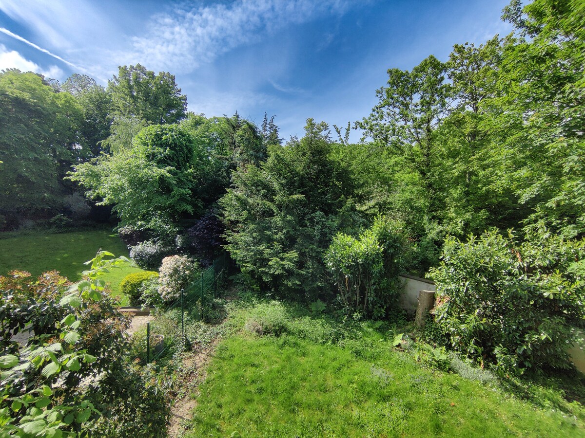 A lush garden view showcases a variety of greenery, including diverse trees and shrubs, under a clear blue sky. The vibrant foliage surrounds a well-maintained lawn, creating a serene outdoor space perfect for relaxation.
