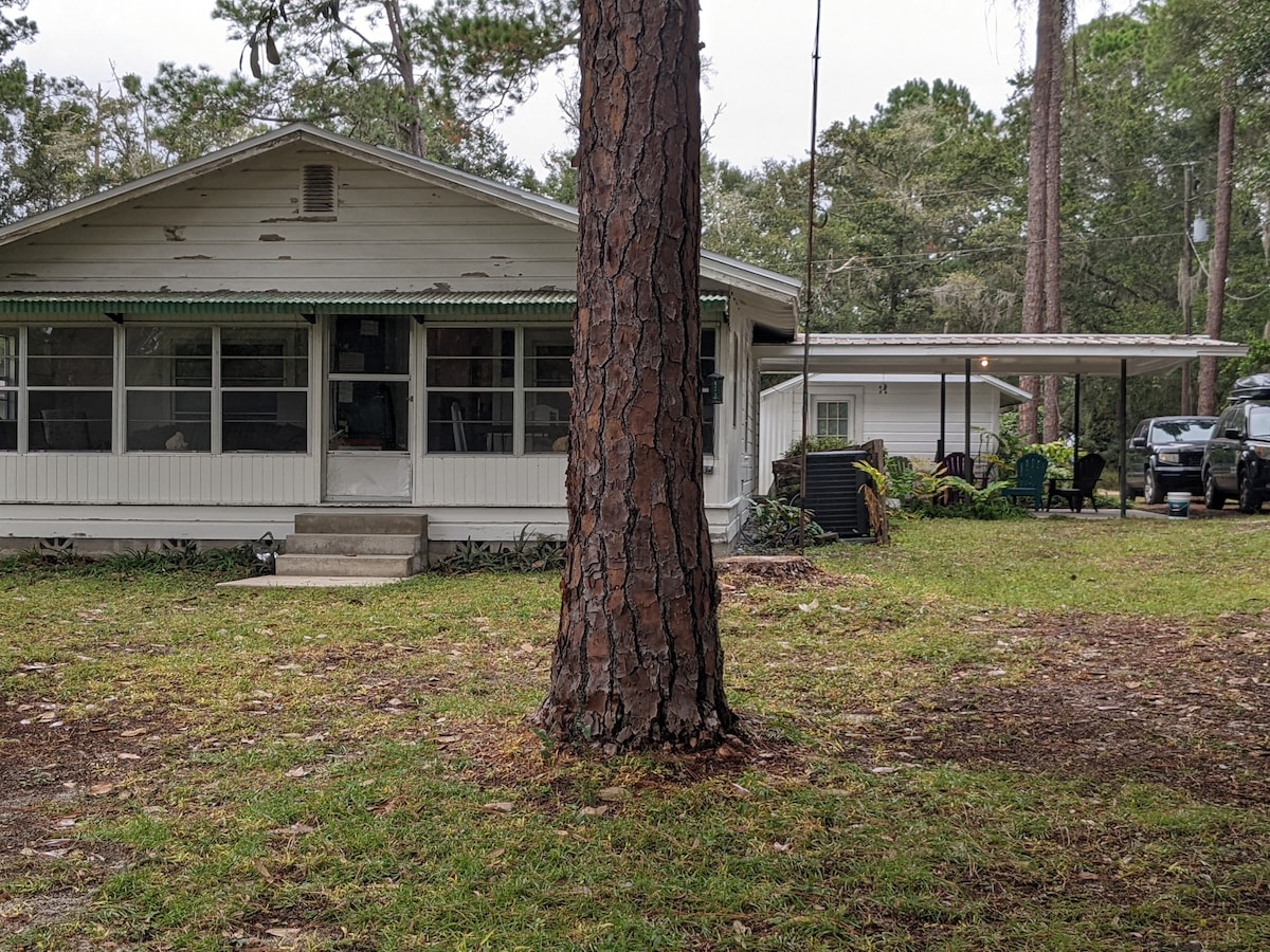 A charming single-story house is surrounded by tall trees, featuring a covered carport on one side. The porch showcases multiple windows for natural light. An area with outdoor seating can be seen adjacent to the house, highlighting a welcoming space for relaxation.