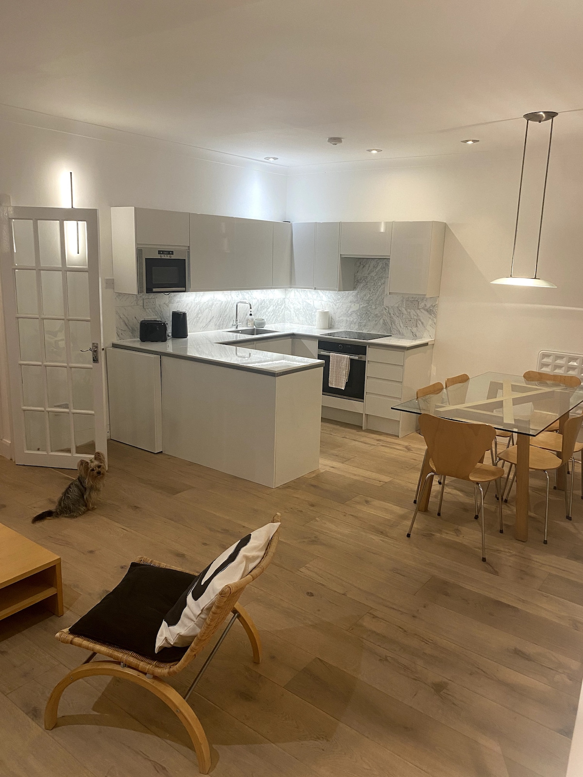 A modern kitchen features sleek white cabinetry and a marble backsplash. A glass dining table is surrounded by wooden chairs. Light wood flooring is complemented by a comfortable chair, while a small, seated dog is present, adding a touch of warmth to the space.