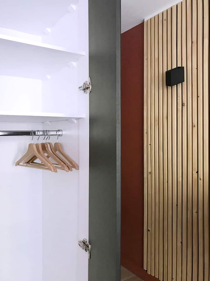 Closet with storage lockers and luggage storage.