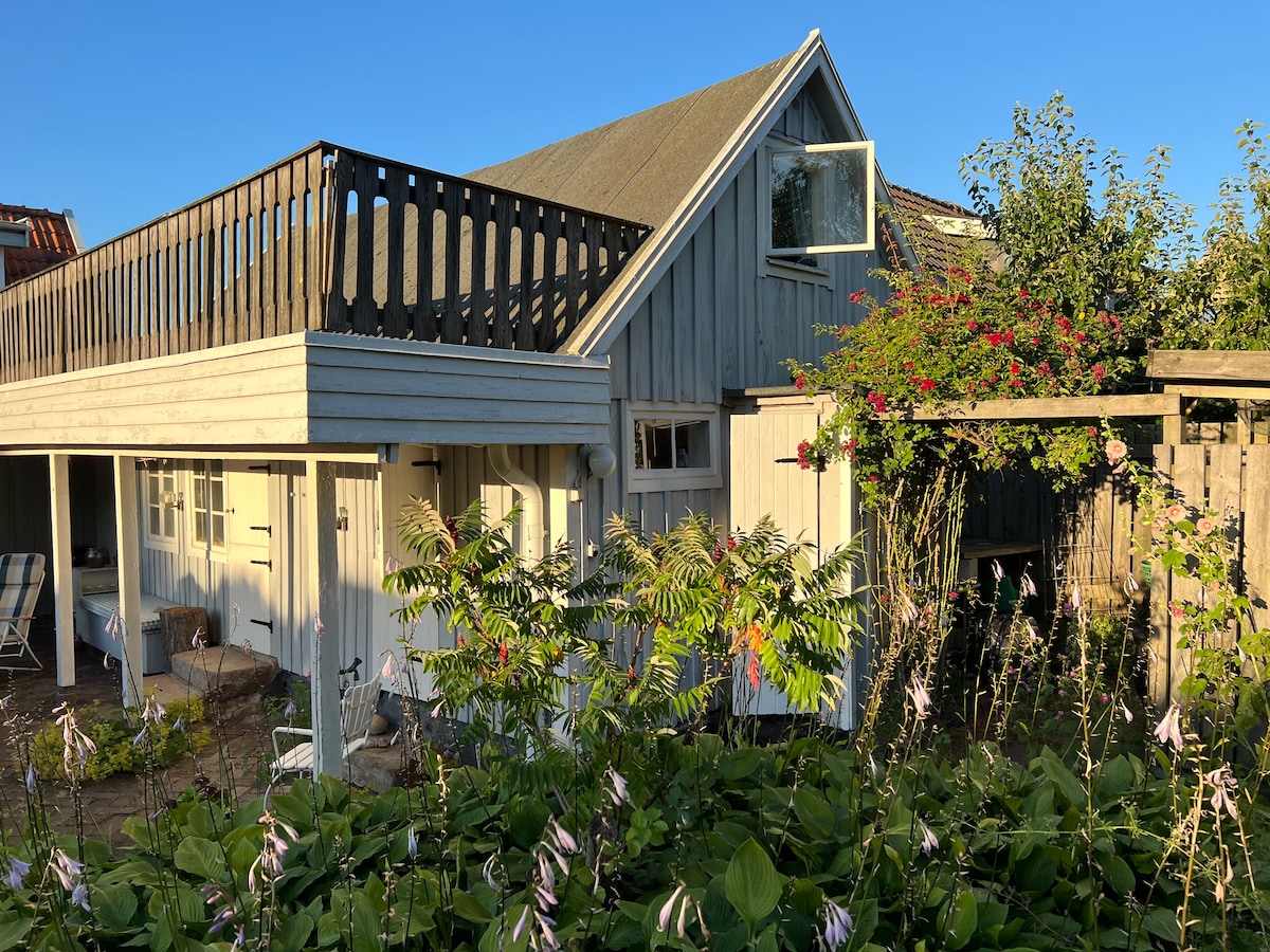 The exterior of a wooden house is shown, featuring a sloped roof and a large balcony. Surrounding greenery includes lush plants and flowers, creating a vibrant view. Sunlight filters through the scene, highlighting the warm colours of the structure and the abundance of vegetation.