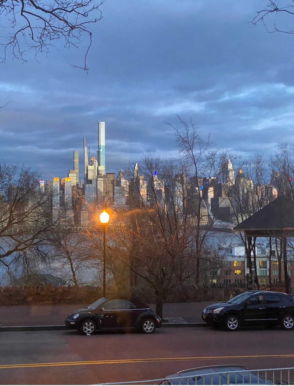 A skyline view of New York City is displayed, featuring iconic skyscrapers illuminated against a twilight sky. The scene includes a waterfront area with trees in the foreground and parked cars along the street, creating a serene urban landscape.