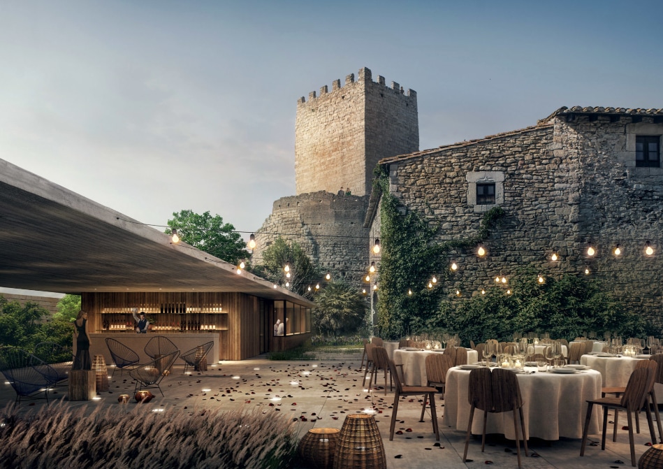 An outdoor dining area is set under string lights, featuring round tables with soft linens. In the background, a stone building and a historic castle tower rise against the sky, surrounded by greenery and a serene landscape.