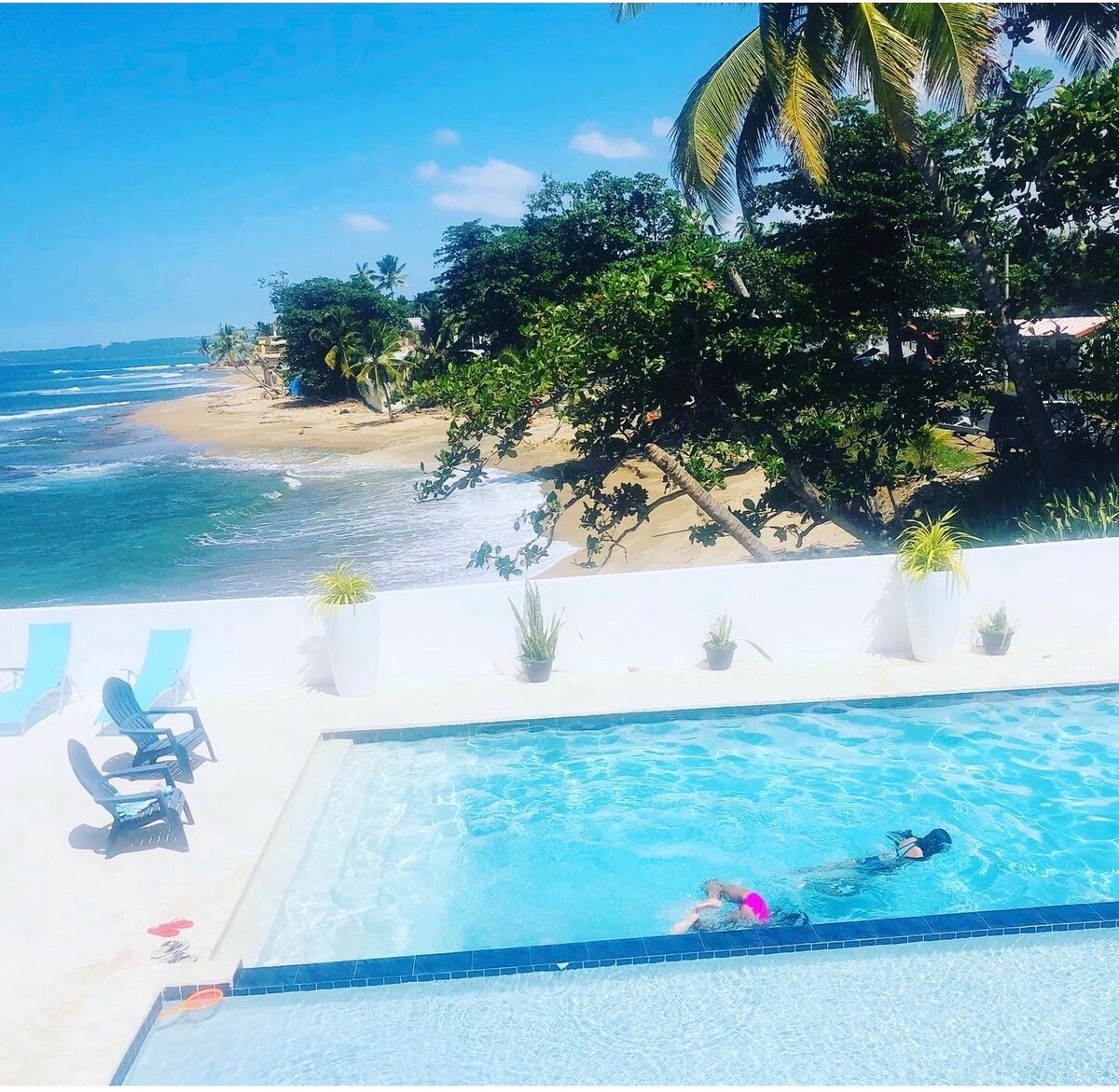 A large swimming pool reflects the clear sky, surrounded by tropical plants and sun loungers. In the background, the coastline is visible, featuring sandy beaches and palm trees swaying gently in the breeze. The serene atmosphere invites relaxation and enjoyment of the outdoor space.